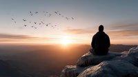 Man sitting on rocky cliff watching sunset with birds flying overhead in peaceful mountain landscape meditation moment.