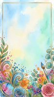 Watercolor floral frame with gold border, paintbrush, roses, and colorful swirls on pastel background. Great for cards and invitations.