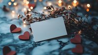 Blank white card with red paper hearts and dried flowers on dark background with golden bokeh lights, romantic Valentine's day or love message concept.