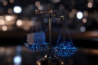 Vintage brass scales of justice with glowing blue digital data points balancing against stack of paper documents on dark background with bokeh lights.