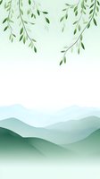 Serene mountain landscape with hanging green leaves and branches against misty hills in soft pastel colors, creating tranquil nature scenery for wellness designs.