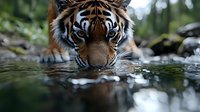 Majestic Bengal tiger drinking water from stream, close-up view showing intense eyes and reflection. Wildlife photography captures raw natural behavior in forest habitat.