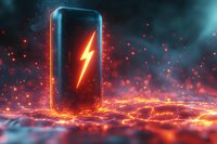 Glowing smartphone battery icon with lightning bolt on dramatic fiery surface amid dark atmospheric smoke and orange sparks, representing fast charging technology.