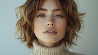 Young woman with wavy bob haircut, freckles, and blue eyes wearing beige turtleneck sweater against neutral background. Soft natural makeup look.
