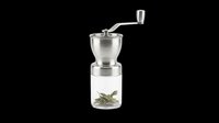 Stainless steel manual coffee grinder with transparent glass bean hopper, isolated on transparent background. Ready for design use on t-shirts, clipart, stickers, and print-on-demand products.