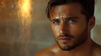 Athletic Caucasian male model with stubble beard in dramatic golden lighting against blurred background, showing intense gaze and confident expression.