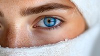 Close-up of bright blue eye with freckles peeking through white fabric wrap, showing intense gaze and natural beauty. Perfect for beauty, mystery or healthcare concepts.
