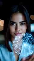 Young Asian woman holding glowing digital sphere with network connections and futuristic interface against dark background with bokeh lights.