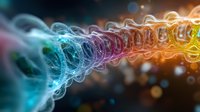 Colorful spiral energy wave with glowing particles flowing through space, featuring vibrant blue, purple, and orange light trails on dark background.