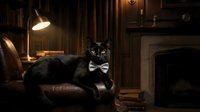 Black cat wearing white bow tie resting on armchair in elegant dark interior with warm lamp lighting, suitable for luxury home decor and pet lifestyle content.