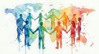 Diverse group of people holding hands in colorful watercolor style against world map background representing global unity and international cooperation.