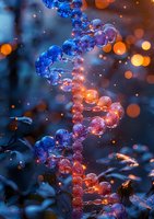 Glowing DNA helix structure with blue and orange bokeh lights against dark background, scientific molecular concept for genetics and biotechnology research.