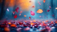 Colorful autumn leaves floating in magical bokeh atmosphere with red and orange foliage on blurred background creating dreamy seasonal mood.