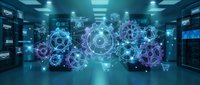 Glowing digital gears with e-commerce icons float in a futuristic server room, symbolizing automated data processing and online retail technology.