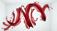 Red liquid paint splash with dynamic flowing motion and droplets isolated on white background for creative design projects.