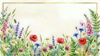 Watercolor wildflower meadow border with poppies, daisies, lavender and ferns on cream background for spring summer designs and botanical decorations.
