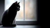 Black cat silhouette sitting by window with soft natural light creating dramatic contrast and peaceful domestic atmosphere for pet photography.