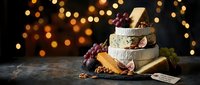 Gourmet cheese platter with grapes and crackers on dark wooden table with warm bokeh lights creating festive holiday atmosphere for entertaining.