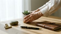 Hands holding small succulent plant on wooden desk with notebook, pen and natural lighting for mindfulness workspace wellness concept.