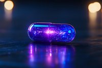 Glowing transparent pill capsule with cosmic galaxy and stars inside on dark surface with bokeh lights, magical pharmaceutical concept for wellness and medicine.