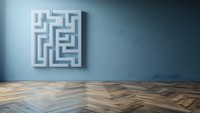 Minimalist white maze artwork on blue wall above herringbone wooden floor, modern interior design with geometric wall decor creates contemplative atmosphere.