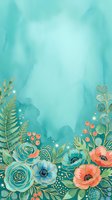 Turquoise watercolor background with hand-drawn floral border featuring roses, poppies, and botanical elements in coral, blue, and gold tones. Isolated design suitable for invitations, greeting cards, and digital projects.