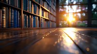 Sunlight streaming through window illuminates wooden library table with rows of books on shelves, creating warm atmospheric glow and reflections on polished surface.