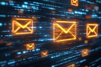 Glowing orange email envelope icons floating in digital cyberspace with binary code streams and data visualization effects in blue technology background.