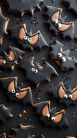 Halloween bat cookies with googly eyes and orange icing details scattered on dark background for spooky seasonal baking and party treats.