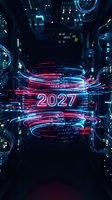 Futuristic neon year 2027 glowing in pink and cyan light surrounded by digital circuit patterns and data streams on dark tech background for technology and innovation concepts.