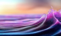 Abstract fluid waves in purple and blue colors with glowing light effects and particles creating dynamic motion and ethereal atmosphere. Suitable for backgrounds.