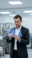 Middle-aged Caucasian male professional businessman in dark blazer examining holographic digital tablet displaying network data in modern laboratory setting with LED ceiling lights.