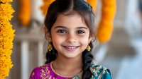 Young South Asian girl wearing traditional purple and gold embroidered clothing with gold earrings, smiling at camera with yellow flower garland decoration in soft-focus background.