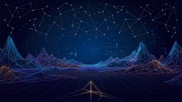 Digital wireframe landscape with glowing neon mountains and connected network nodes on dark blue background for technology and data visualization projects.