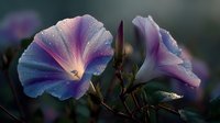 Delicate morning glory flowers with water droplets in soft purple and blue hues against dark green foliage, creating a dreamy garden atmosphere.
