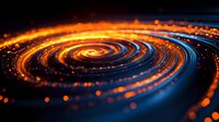 Glowing spiral of orange and blue light particles swirling in dark space creates dynamic motion effect with bokeh elements and luminous energy trails.