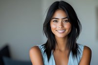 Young Asian woman with bright genuine smile wearing light blue sleeveless top against blurred background, radiating confidence and joy in natural lighting portrait.