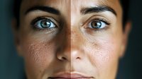 Close-up portrait showing facial skin texture comparison with visible pores and imperfections on left side versus smooth, treated complexion on right side against dark background.