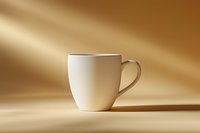White ceramic coffee mug on beige background with dramatic diagonal shadows creating minimalist composition, isolated object for product photography.