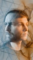 Double exposure portrait of middle-aged Caucasian businessman with beard overlaid with abstract geometric lines and warm flowing shapes for creative design.