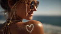 Young Caucasian woman with sunglasses at beach, heart shape drawn on tanned shoulder with sunscreen, ocean backdrop during golden hour.