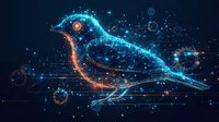 Digital bird silhouette composed of glowing blue and orange network lines with connected nodes, representing technology, artificial intelligence, and digital transformation concepts for web and tech design.