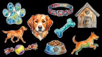 Watercolor dog clipart set with golden retriever, paw print, collar, bone, kennel, bowl, and toys, isolated on transparent background. Great for stickers, t-shirt design, print on demand.