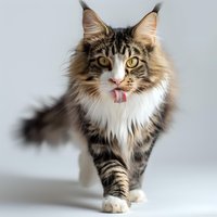 Maine Coon cat with long fluffy fur walking and sticking tongue out against light background, showing playful expression and distinctive breed features.