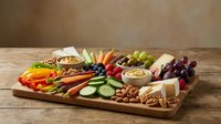 Gourmet cheese and charcuterie board with fresh fruits, vegetables, nuts and crackers arranged on wooden platter for entertaining and appetizers.