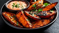 Grilled sweet potato wedges with spicy glaze and creamy dipping sauce on black plate, garnished with fresh herbs. Homemade appetizer or side dish.