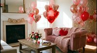 Romantic living room decorated with red and pink heart balloons, roses, and love banner for Valentine's Day celebration at home.