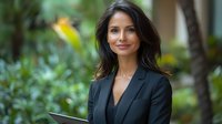 Young South Asian businesswoman in black blazer smiling confidently while holding laptop outdoors, natural garden background with soft bokeh effect.