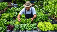 Hispanic male farmer in straw hat and apron tending to fresh organic lettuce varieties and microgreens in sustainable garden nursery, showcasing local produce and farming.