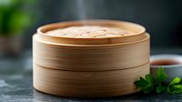 Traditional bamboo steamer basket with lid on dark background, fresh green herbs, Asian cuisine cooking utensil for dim sum and dumplings preparation.